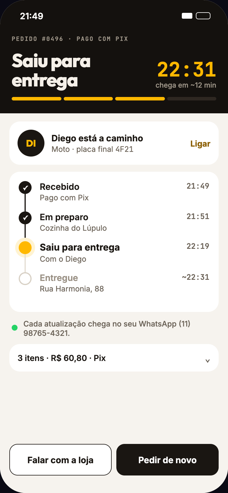 Acompanhamento do pedido no Pulse Food