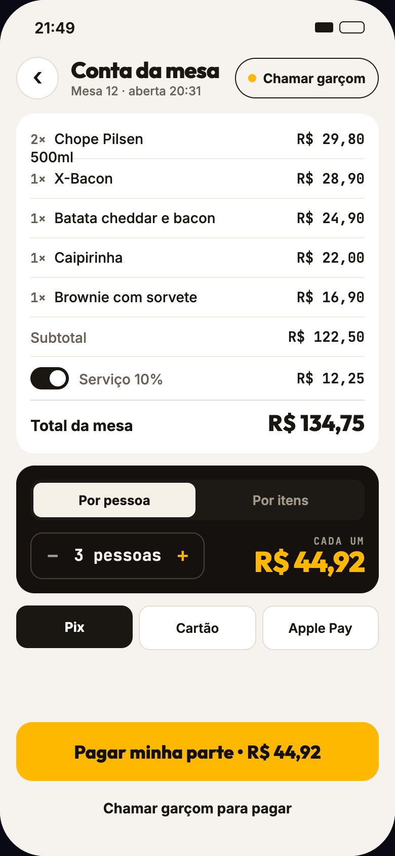 Conta da mesa no celular