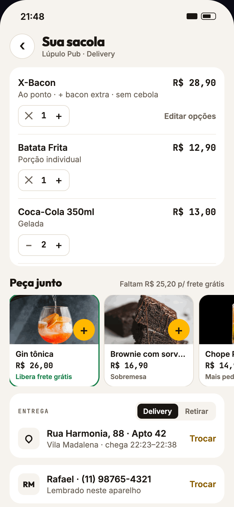 Sacola e finalização em uma tela